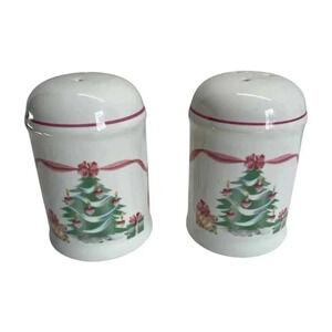 Sango Home For Christmas Tree Pink Ribbon Salt & Pepper Shakers Holiday Vintage